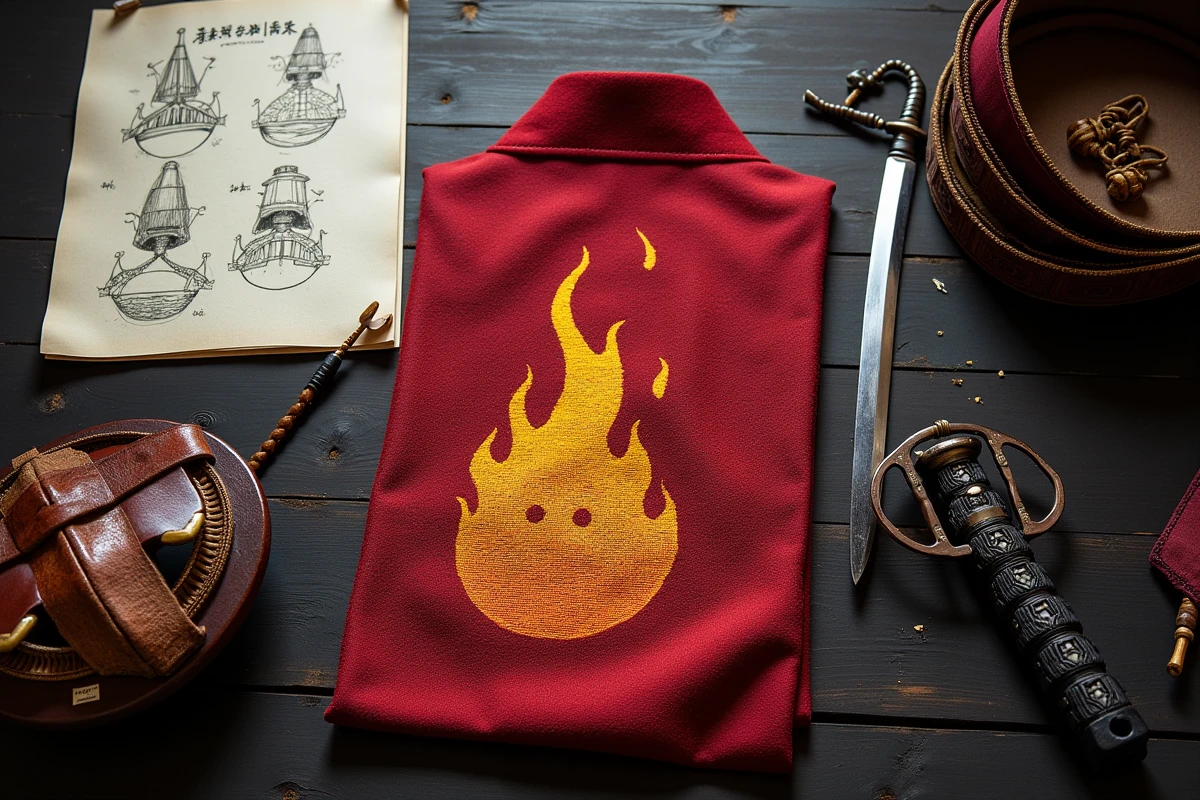 Détails d'accessoires de cosplay Rengoku disposés sur une table en bois : haori cousu main, tsuba, obi et croquis de référence pour un guide de création