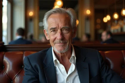Acteur français emblématique assis dans une brasserie parisienne authentique, portrait éditorial en 3/4