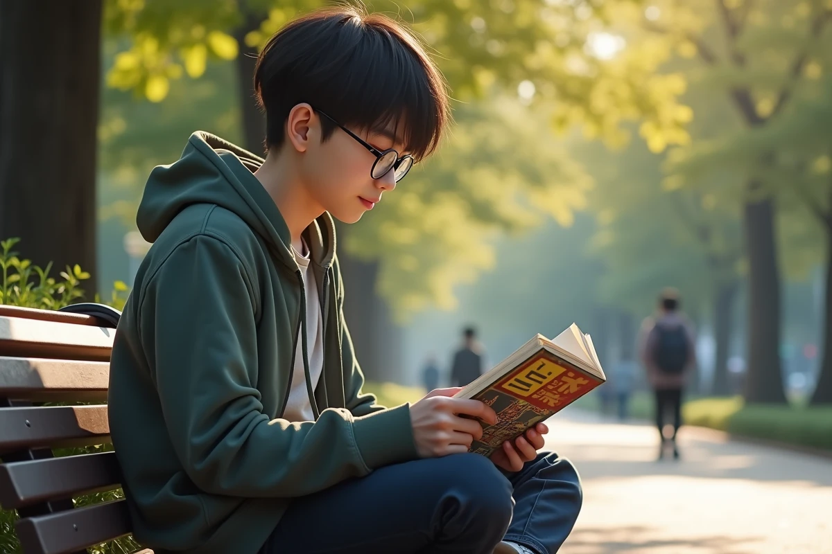 Adolescent lisant un manga yaoi dans un parc urbain