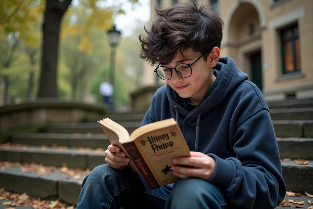 Adolescent lisant une fanfiction Harry Potter en plein air dans un parc