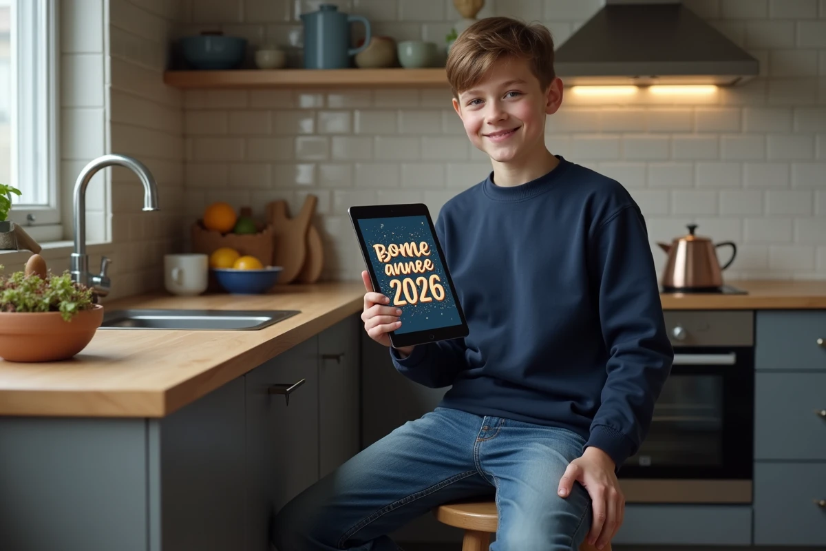 Adolescent enregistrant une video avec une tablette Bonne Année 2026