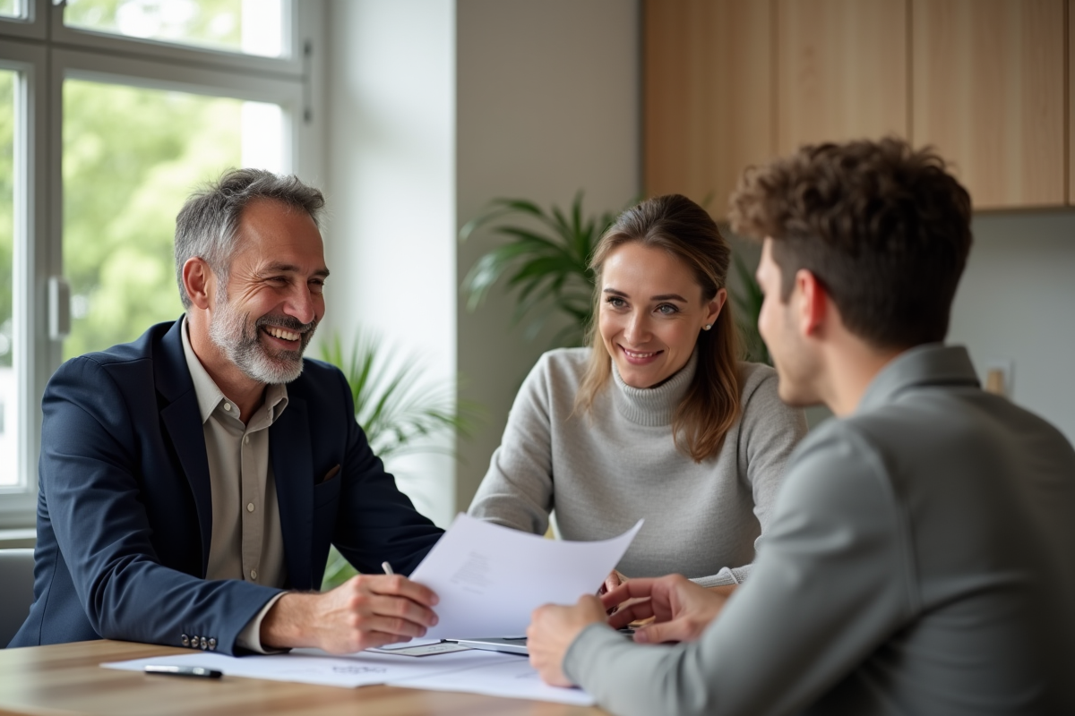 Agent immobilier souriant présentant un rapport à un couple