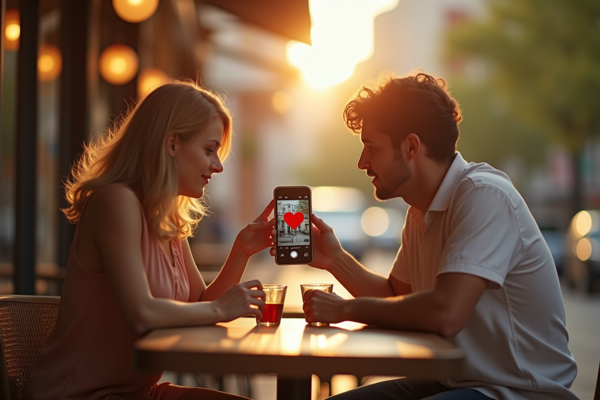 Deux amis au café montrant un téléphone avec emoji coeur rouge