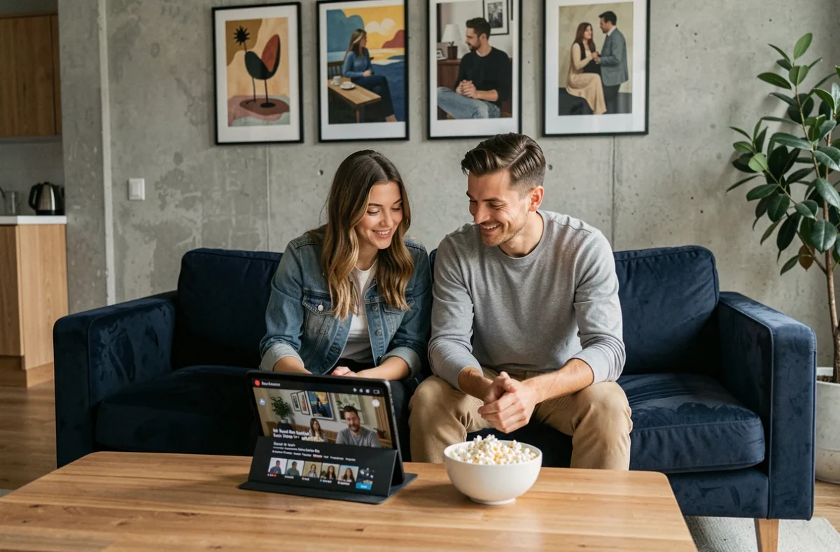 Deux amis cherchant ensemble sur une tablette où regarder une série en streaming de qualité après Netflix