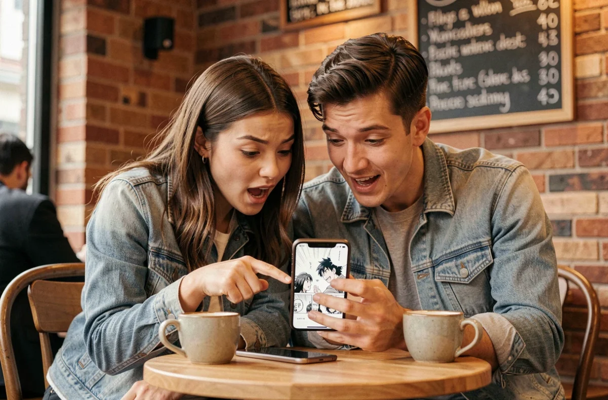 Deux amis découvrant ensemble un manhwa sur smartphone dans un café cosy, illustrant le partage autour des manhwas coréens pour débutants