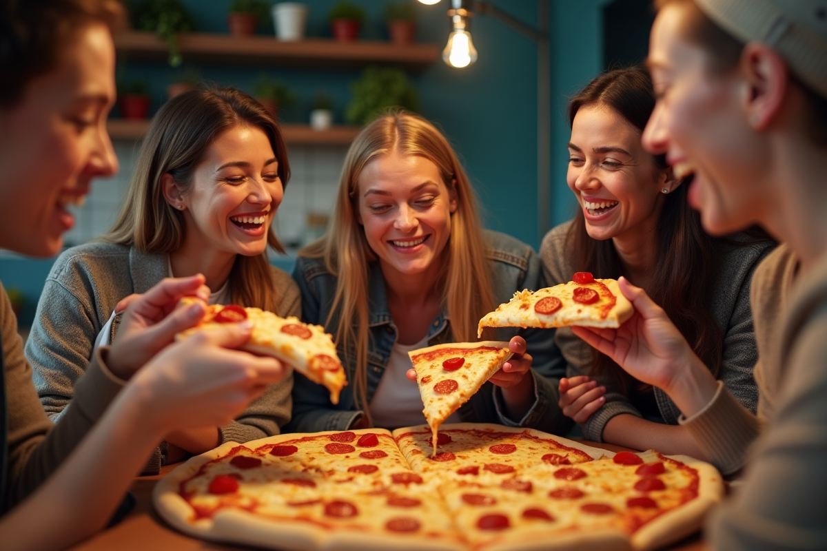 Groupe d amis partageant des parts de pizza chorizo
