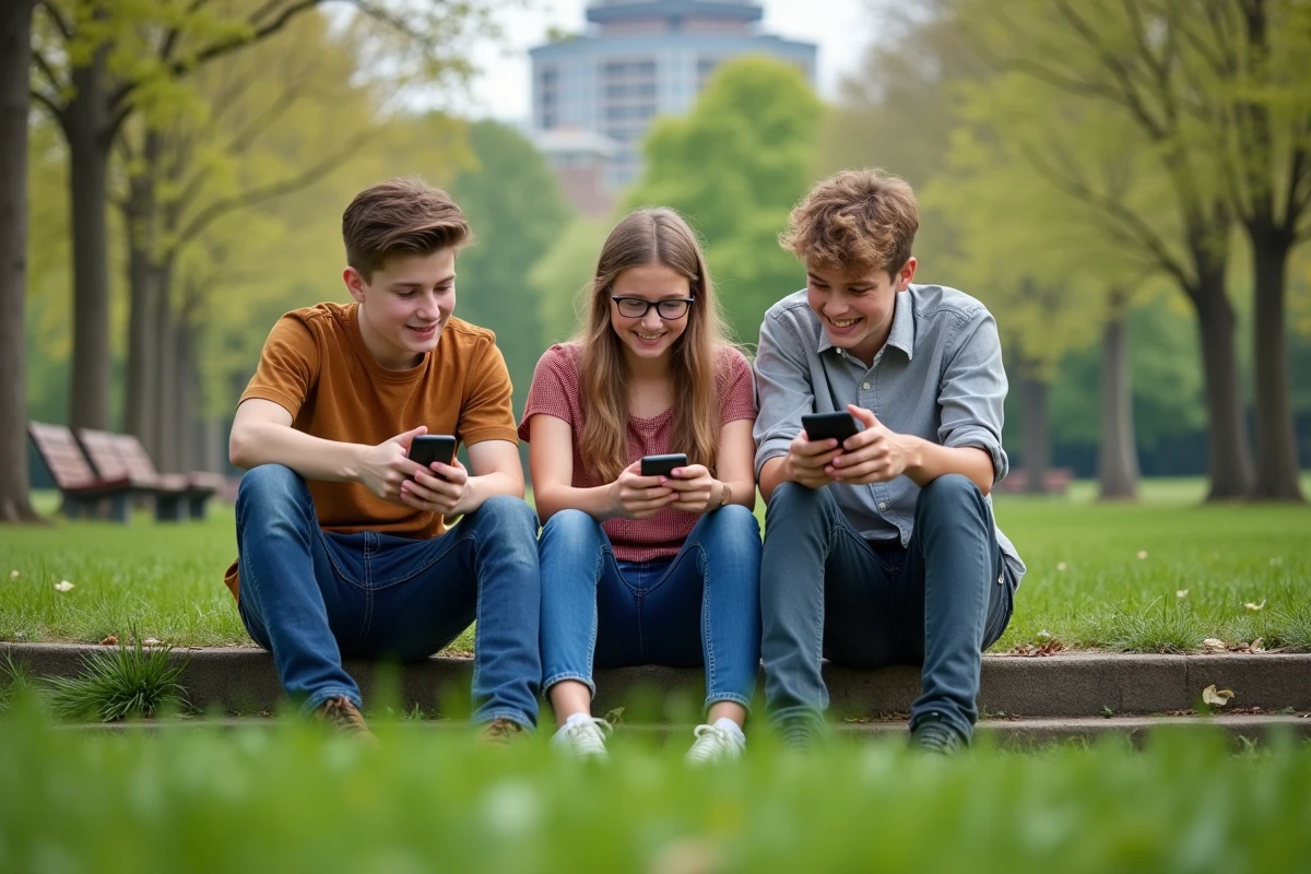 Trois amis utilisant leurs smartphones dans un parc en plein air