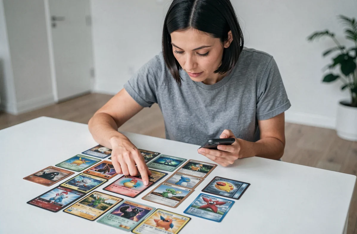 Collectionneuse analysant des cartes Pokémon rares étalées sur une table avant leur sortie en 2026