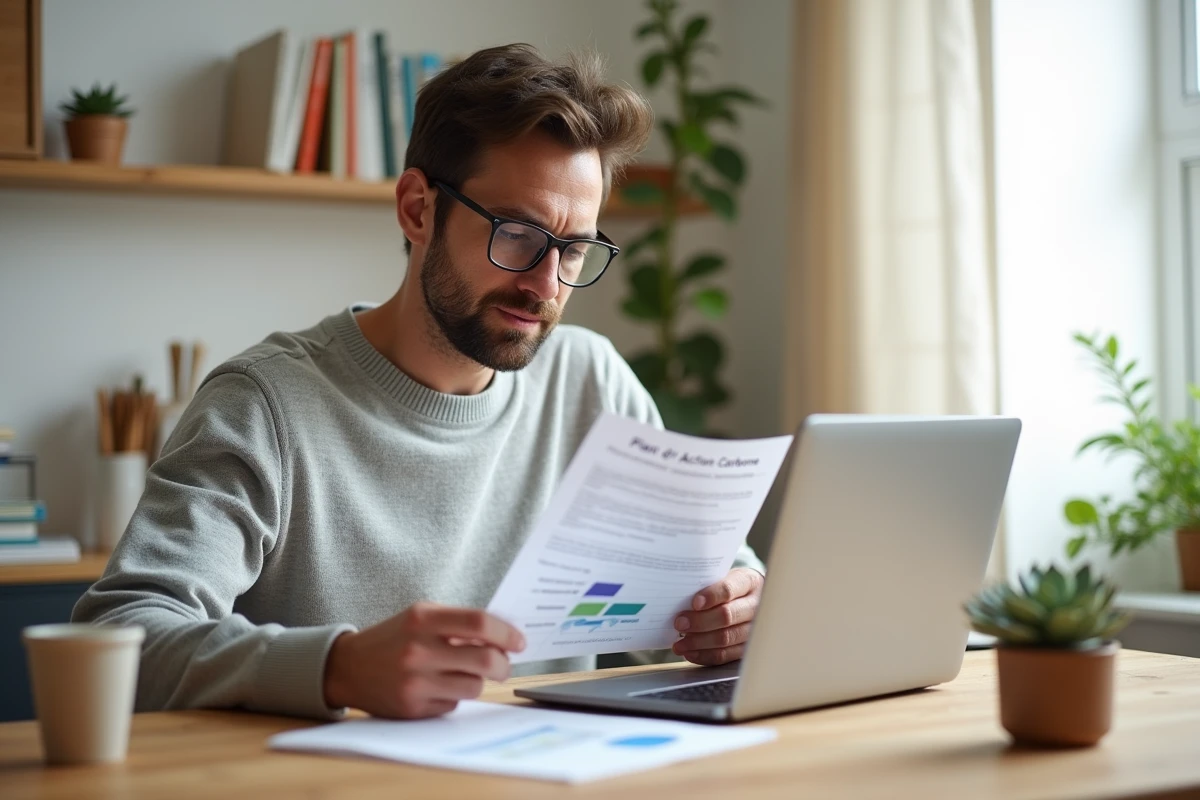 Homme analysant un plan d'action net zéro à son bureau à domicile avec documents imprimés et données carbone