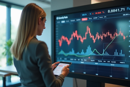 Femme d'affaires analysant des données financières sur une tablette