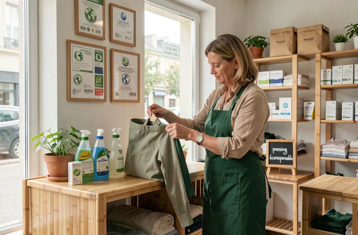 Professionnelle d'un pressing écoresponsable du Val-de-Marne plaçant un vêtement dans un sac réutilisable avec certifications écologiques en fond
