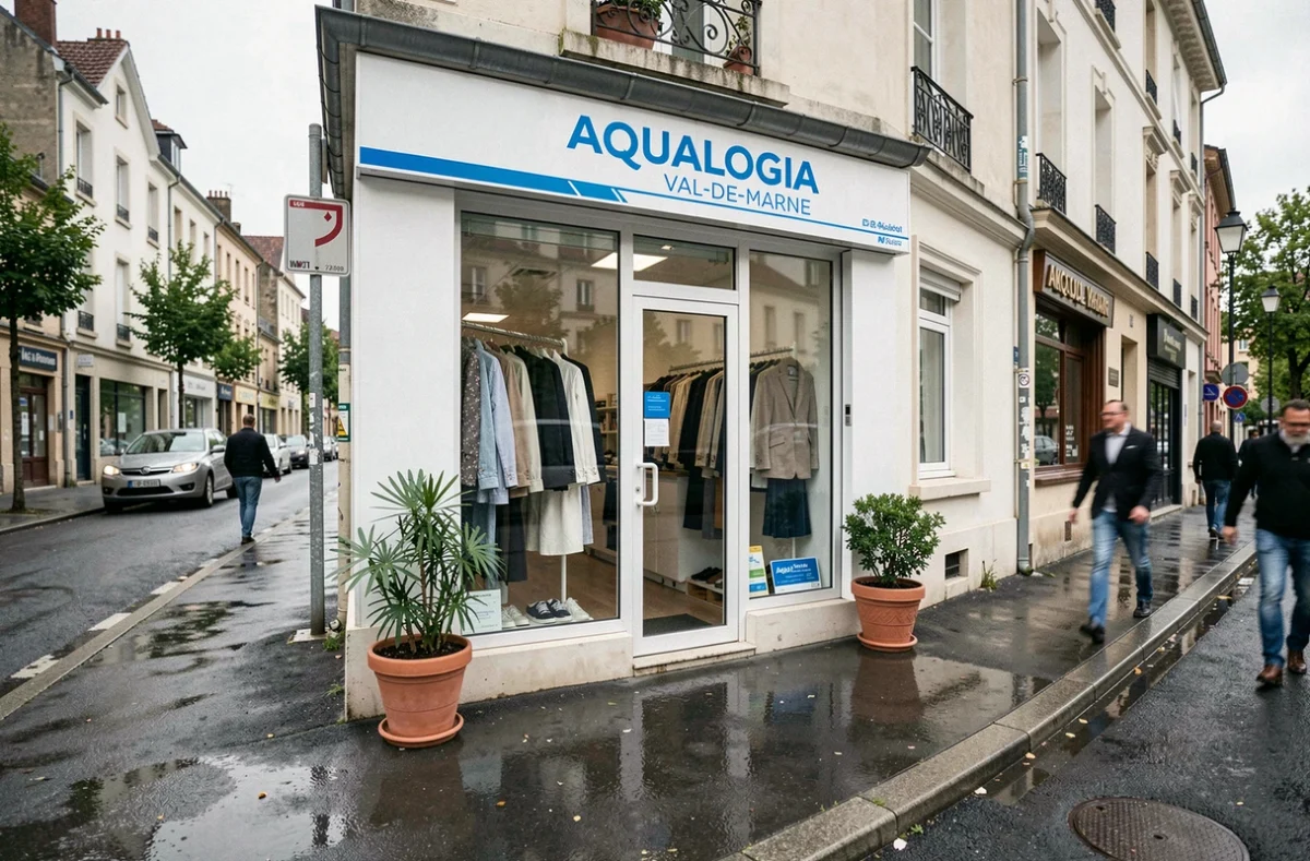 Devanture du pressing Aqualogia dans une rue du Val-de-Marne avec enseigne bleue et blanche