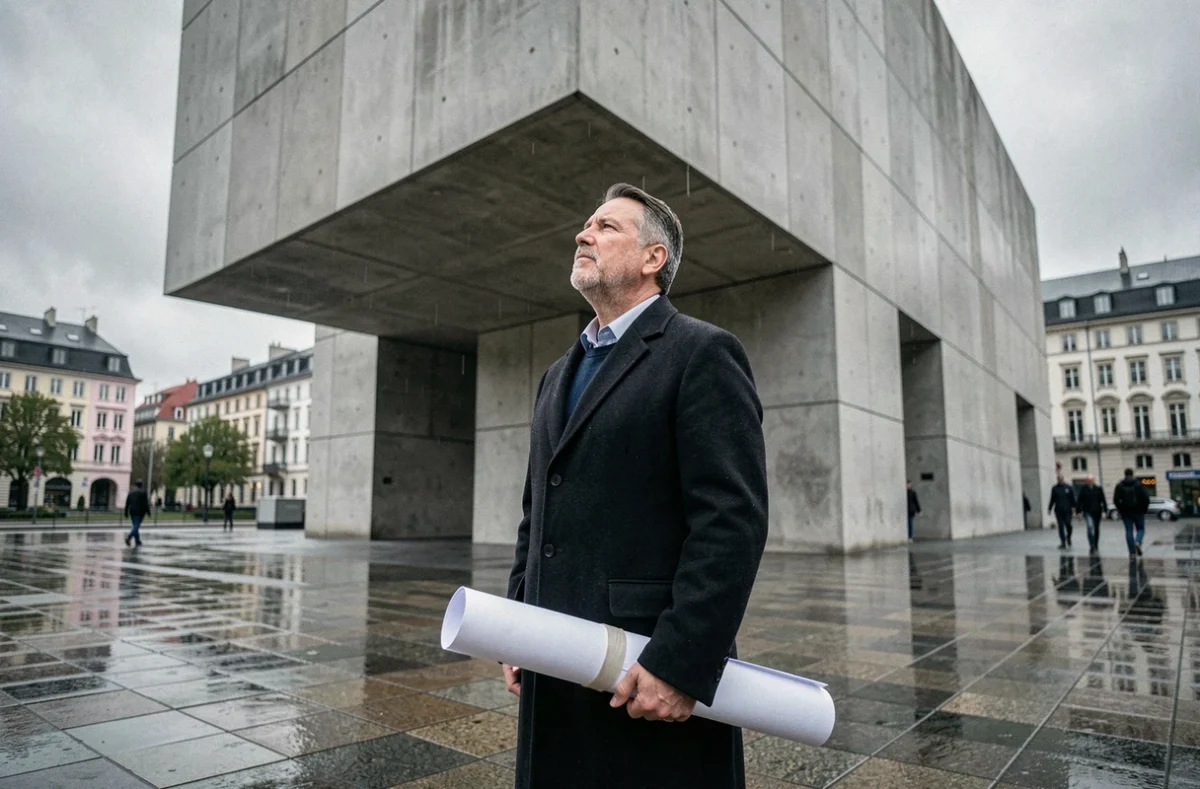 Architecte homme devant un bâtiment brutaliste Marcel Breuer en Europe sous un ciel gris, tenant des plans architecturaux