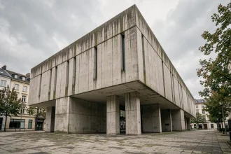 Façade brutaliste en béton brut d'un bâtiment d'architecture Marcel Breuer en Europe, vue grand angle depuis la place urbaine