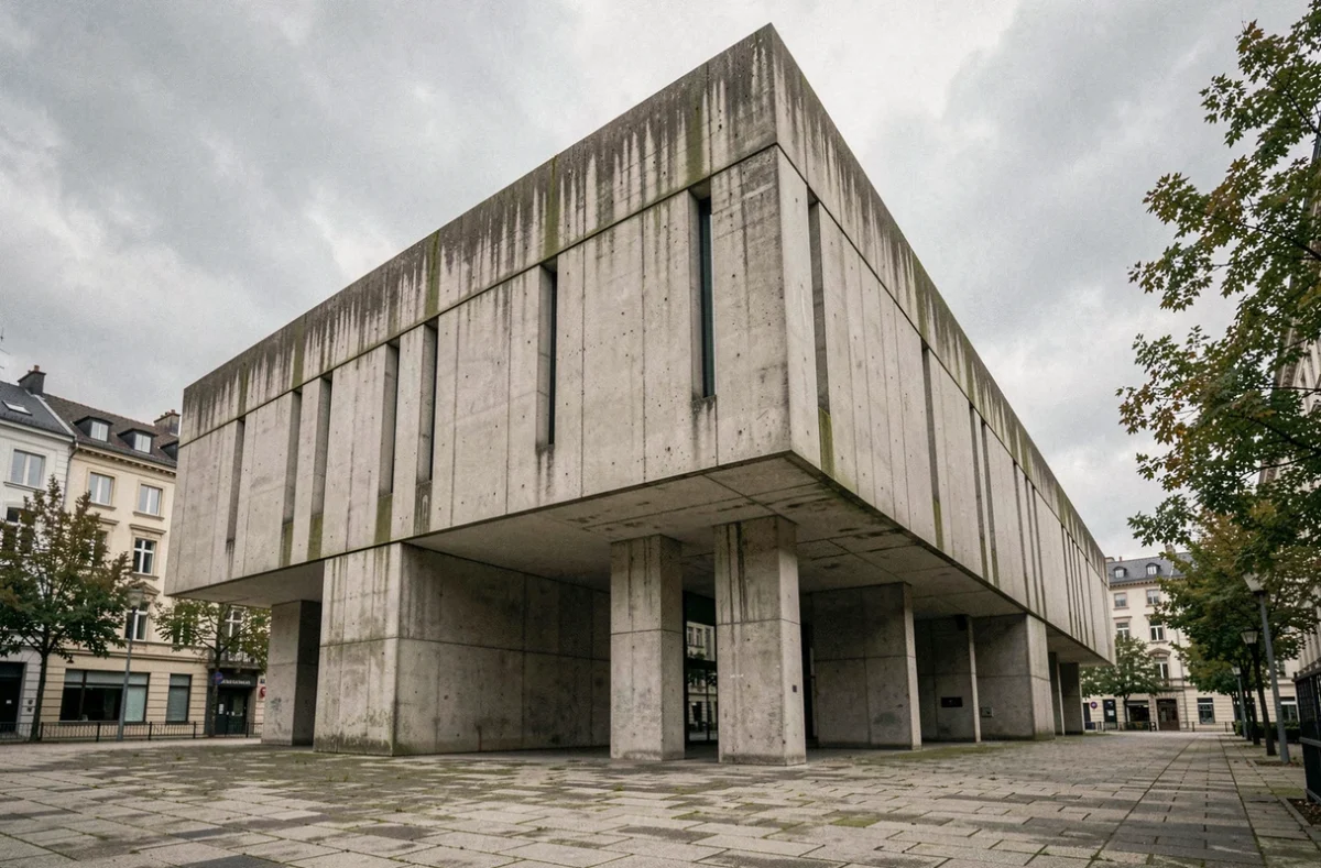 Façade brutaliste en béton brut d'un bâtiment d'architecture Marcel Breuer en Europe, vue grand angle depuis la place urbaine