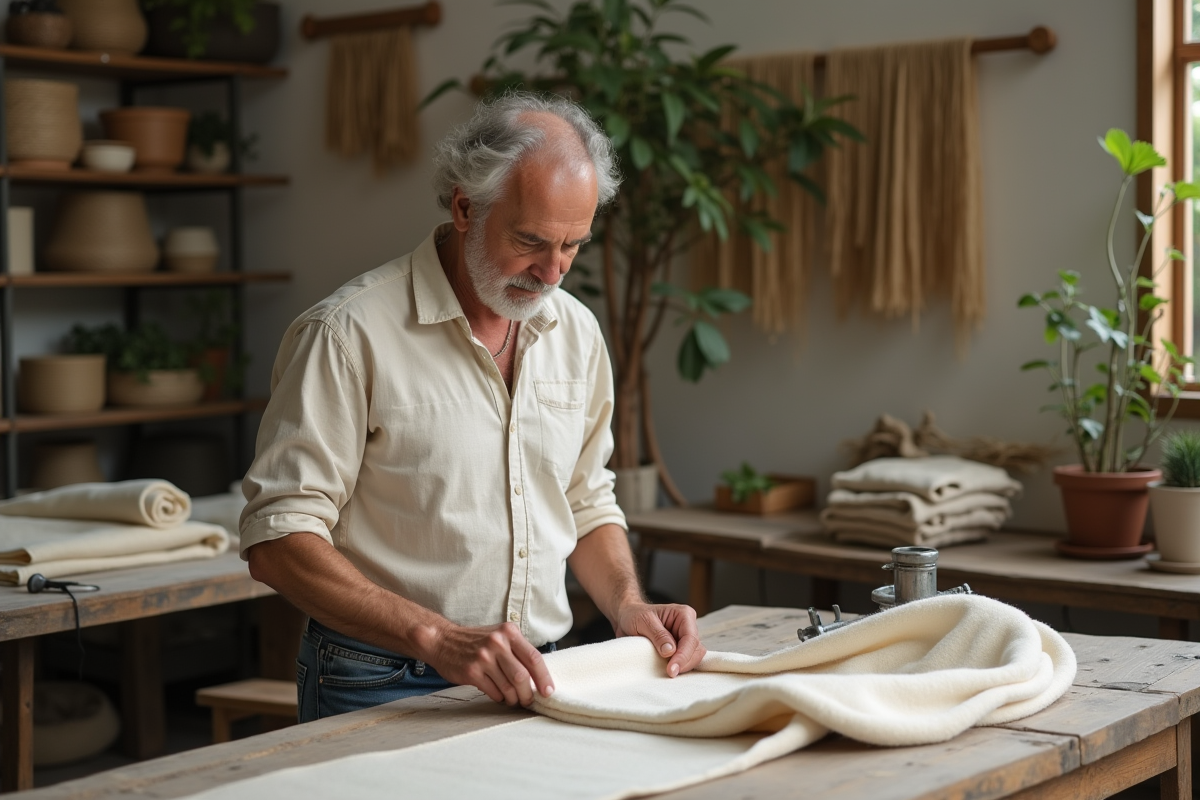 Artisan textile examinant un tissu naturel dans un atelier lumineux