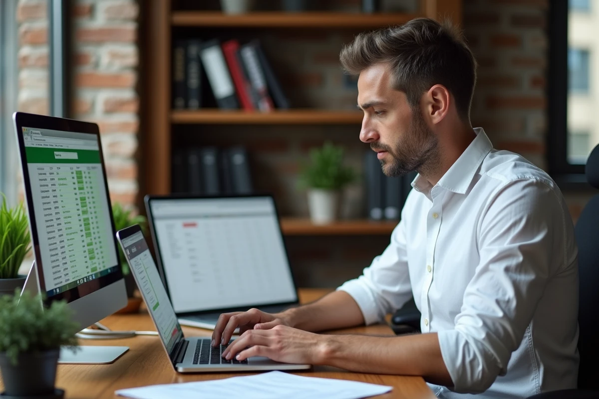 Homme calculant automatiquement la durée entre deux dates dans un tableur Excel sur ordinateur portable