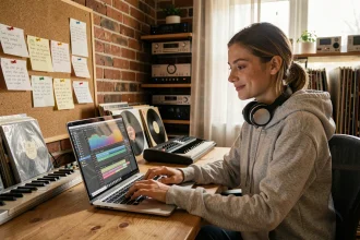 Jeune femme blogueuse musique électronique travaillant sur son blog dans un studio home office avec clavier MIDI et vinyles