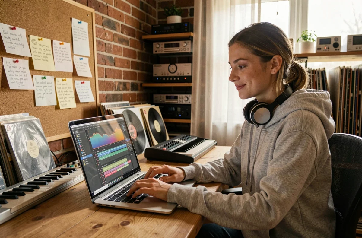 Jeune femme blogueuse musique électronique travaillant sur son blog dans un studio home office avec clavier MIDI et vinyles