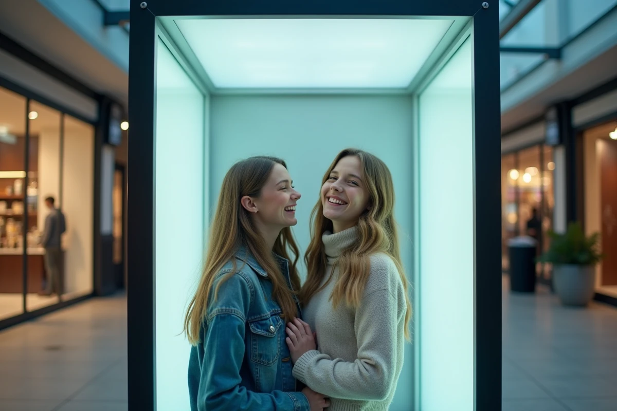 Mère et fille qui rient ensemble à l'intérieur d'une borne photomaton extérieure sous auvent dans un centre commercial en plein air