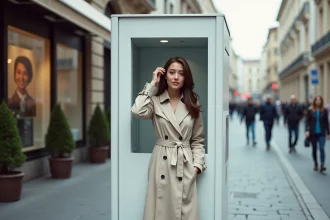 Borne photomaton installée en extérieur sur un trottoir urbain européen avec une jeune femme s'apprêtant à prendre ses photos par beau temps
