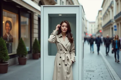 Borne photomaton installée en extérieur sur un trottoir urbain européen avec une jeune femme s'apprêtant à prendre ses photos par beau temps