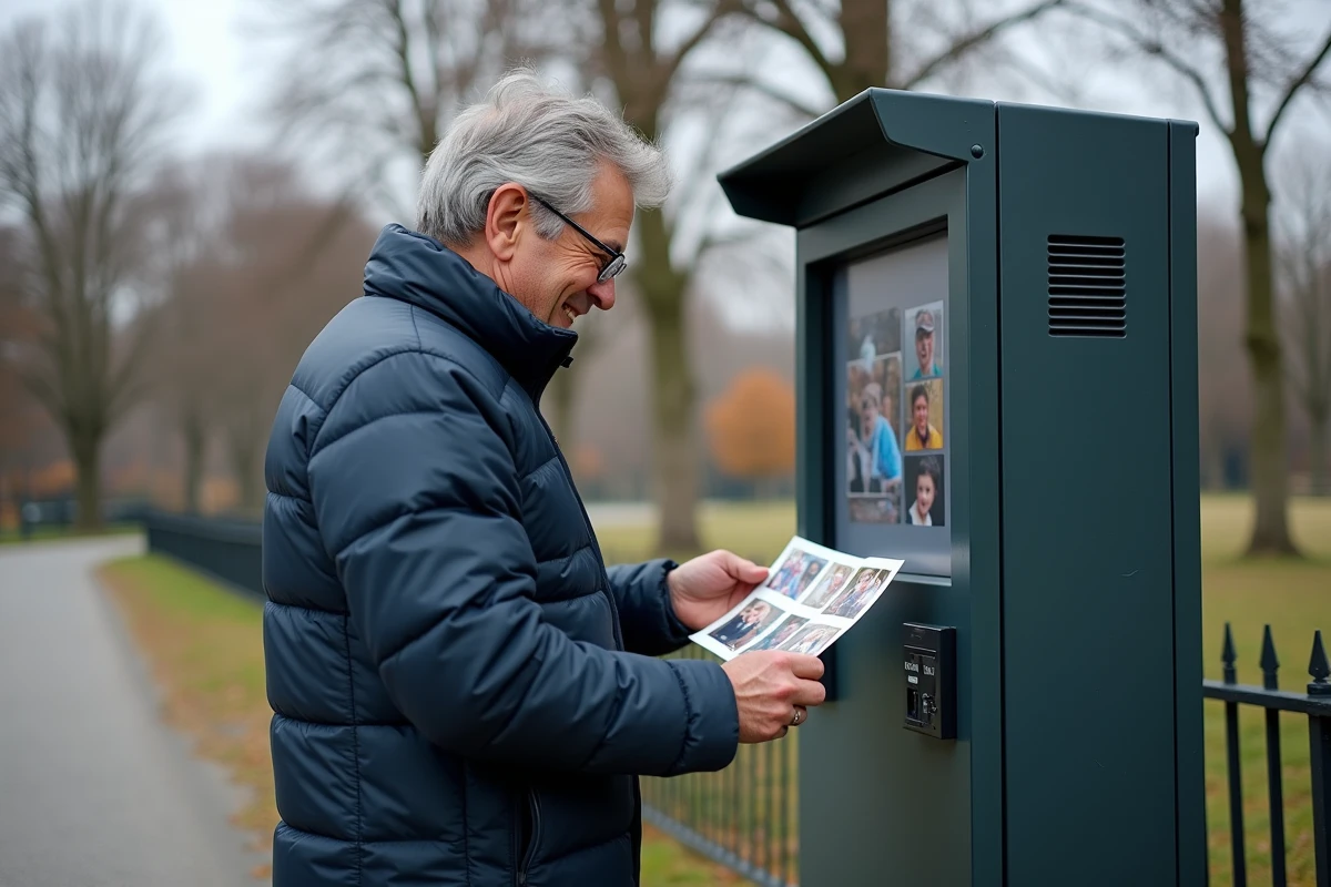 Homme tenant des photos imprimées devant une borne photomaton extérieure résistante aux intempéries dans un parc en automne