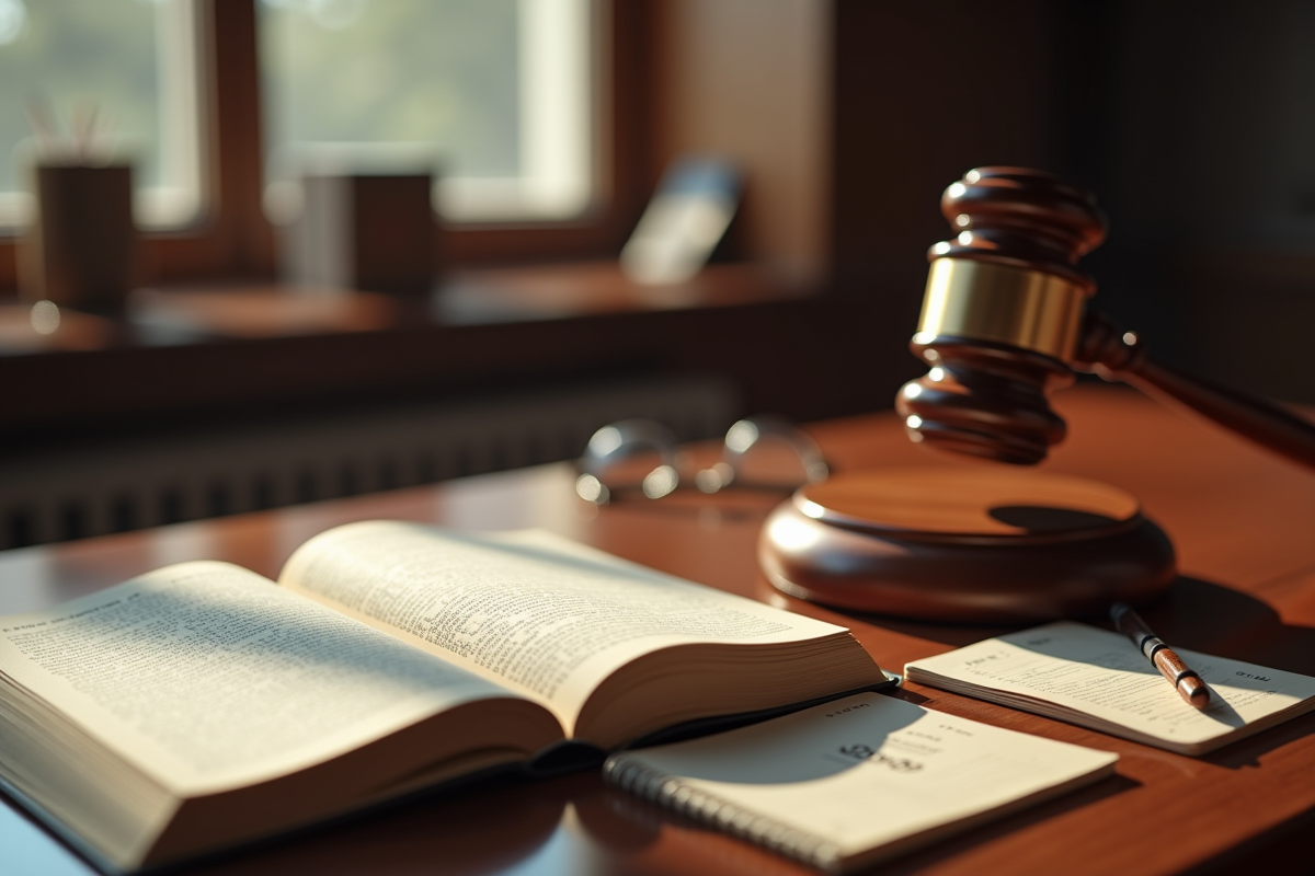 Intérieur lumineux d'un bureau de droit avec livre civil ouvert