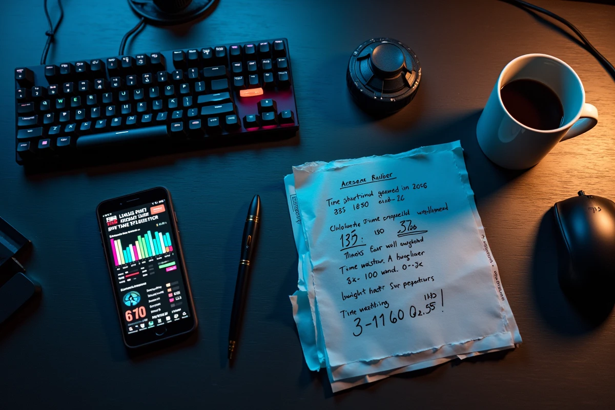 Vue aérienne d'un bureau gaming avec smartphone affichant les statistiques de temps perdu sur League of Legends