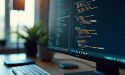 Espace de travail avec écran affichant du code C en lumière naturelle
