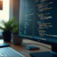 Espace de travail avec écran affichant du code C en lumière naturelle