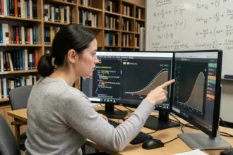 Chercheuse en data science analysant une courbe ROC et un score AUC calculé en Python sur un double écran dans un bureau universitaire
