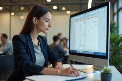 Femme professionnelle calculant le temps entre deux dates sur un logiciel de calendrier au bureau
