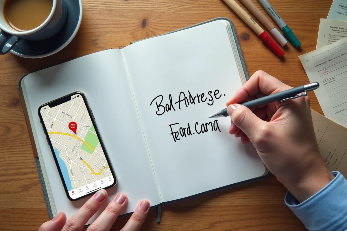 Vue de dessus d'un carnet ouvert avec une adresse notée à la main et un smartphone affichant une carte en 2026