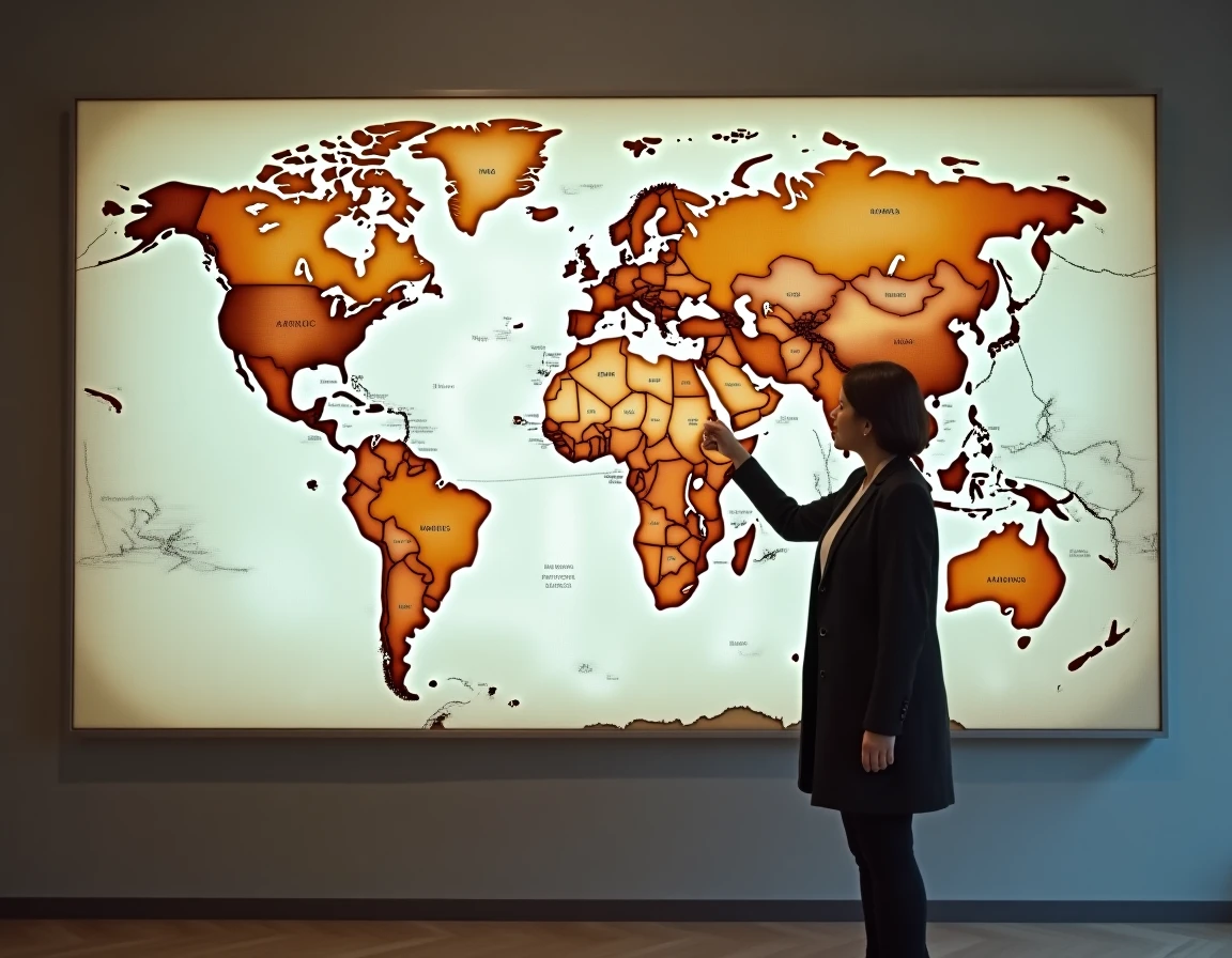 Femme étudiant une carte mondiale de la densité de population par continent dans un musée de géographie