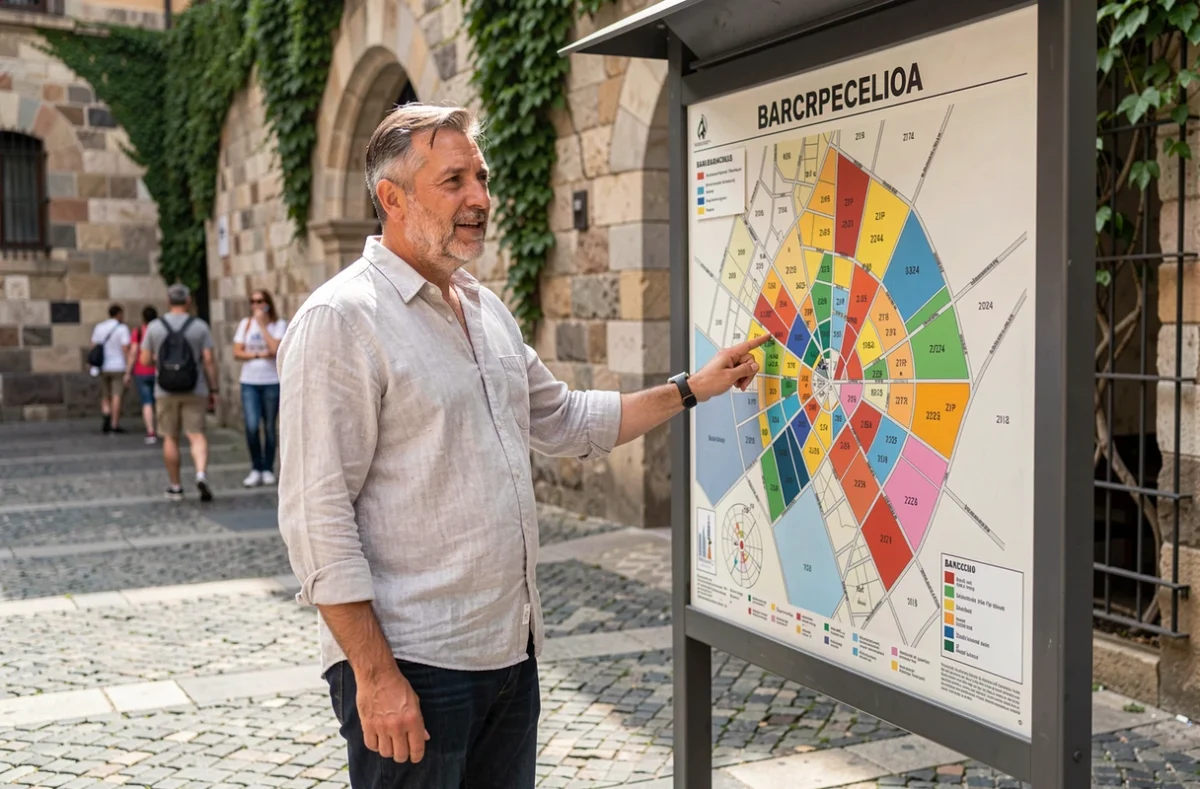 Homme consultant un panneau cartographique des districts et codes postaux de Barcelone dans le Barri Gòtic