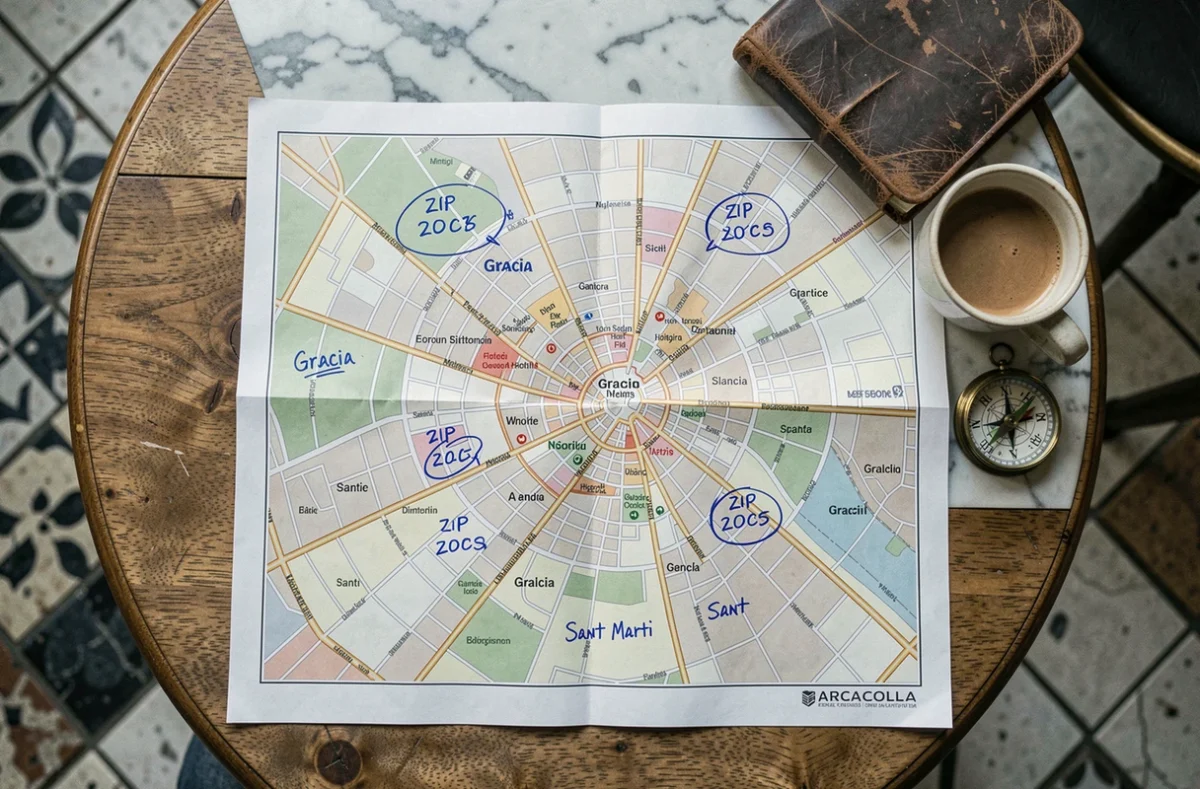 Carte papier détaillée des quartiers et codes postaux de Barcelone annotée à la main posée sur une table de café