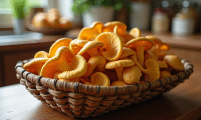 Champignons chanterelle fraîchement cueillis dans un panier en bois