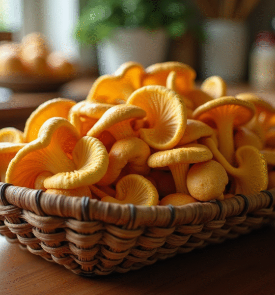 Champignons chanterelle fraîchement cueillis dans un panier en bois