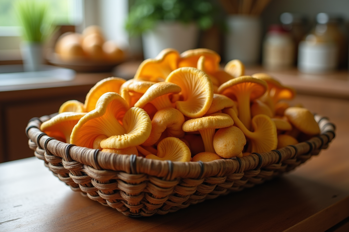 Champignons chanterelle fraîchement cueillis dans un panier en bois