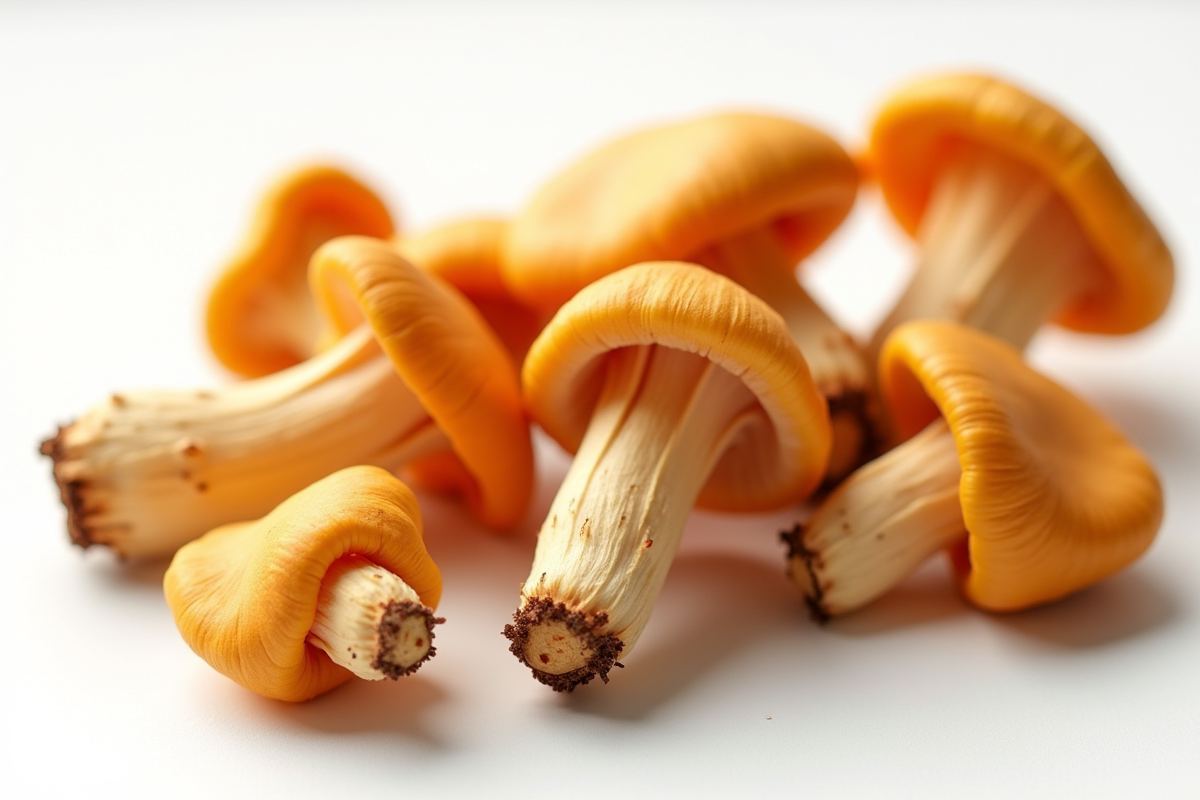 Chanterelles colorées disposées sur une surface blanche lumineuse
