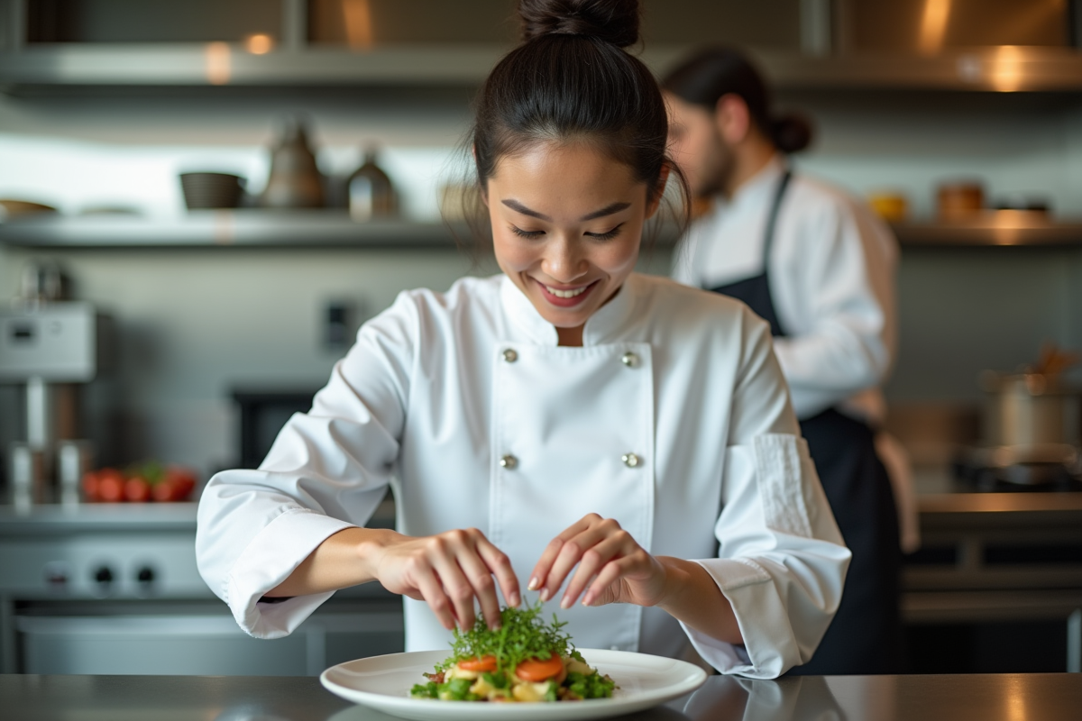 Chef femme en cuisine moderne avec microgreens sur une assiette
