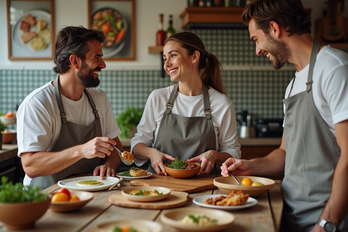 Groupe de chefs souriants autour d une table rustique en cuisine