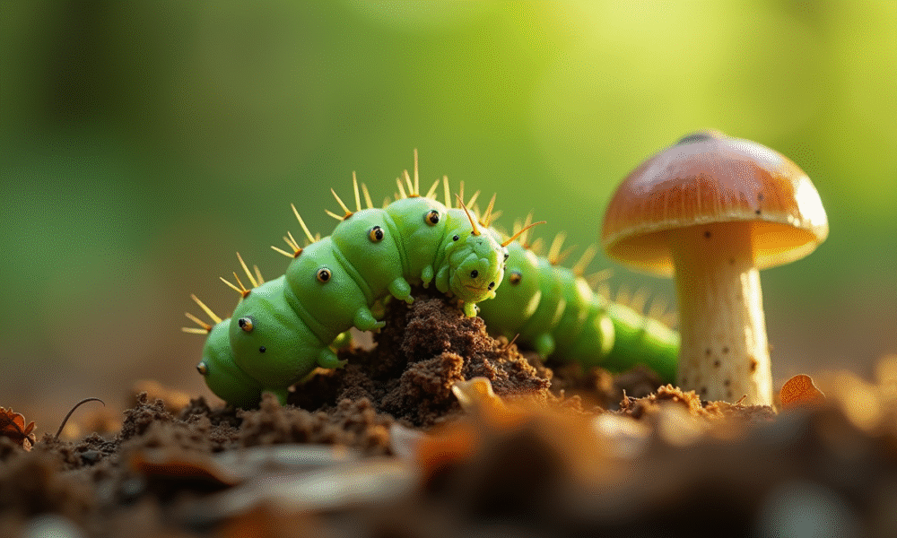 Gros plan d'une chenille verte mangeant un champignon en forêt