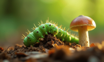 Gros plan d'une chenille verte mangeant un champignon en forêt