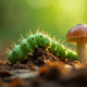 Gros plan d'une chenille verte mangeant un champignon en forêt