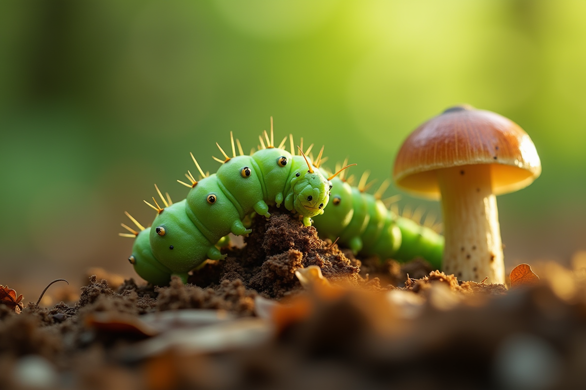 Gros plan d'une chenille verte mangeant un champignon en forêt