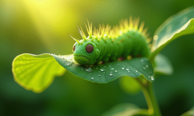 Gros plan d'une chenille verte sur une feuille de jardin ensoleillée