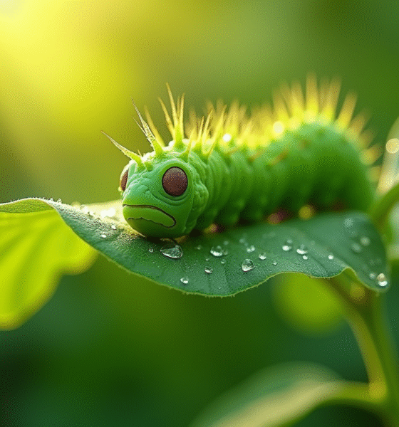 Gros plan d'une chenille verte sur une feuille de jardin ensoleillée