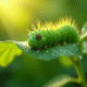 Gros plan d'une chenille verte sur une feuille de jardin ensoleillée